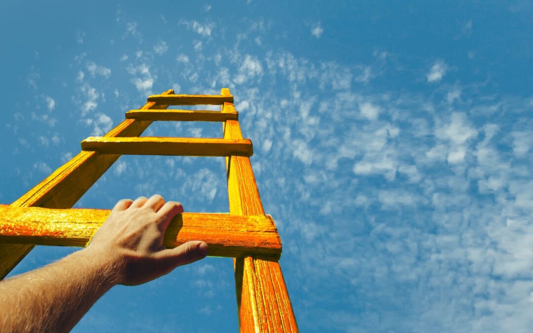 Boy climbing ladder of essential skills required for finance jobs and learning them