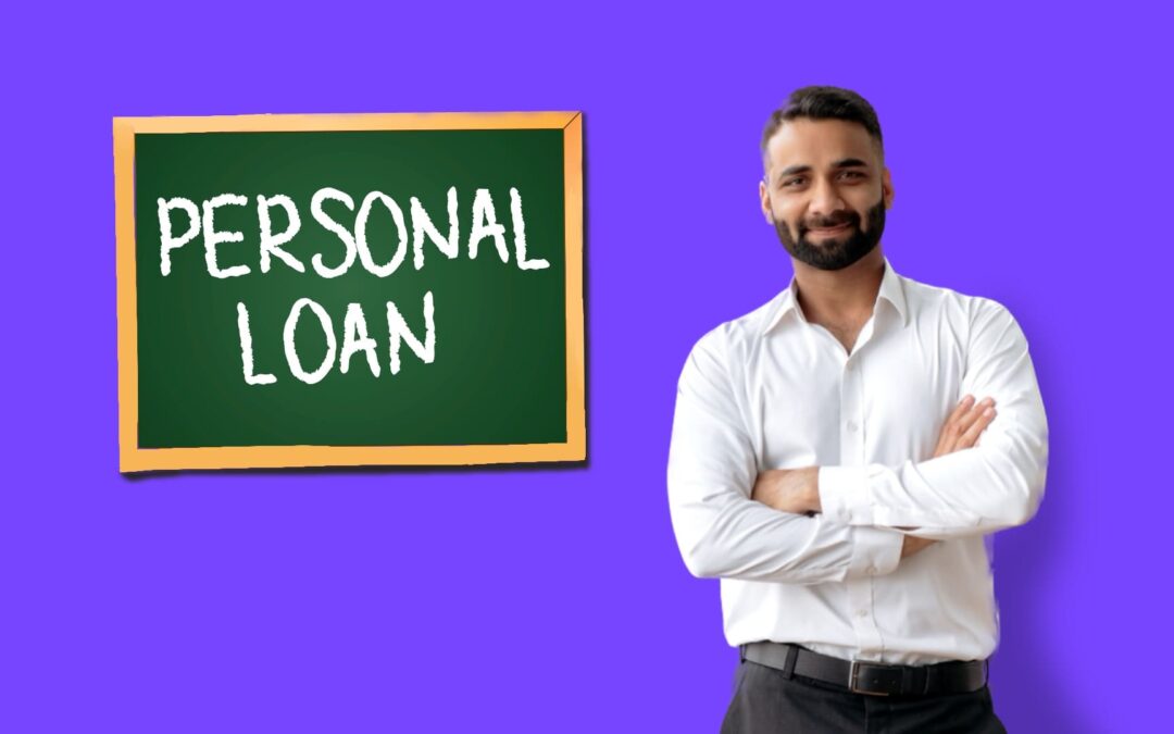 Man standing as a guide to personal loans with a board with the words Personal Loan