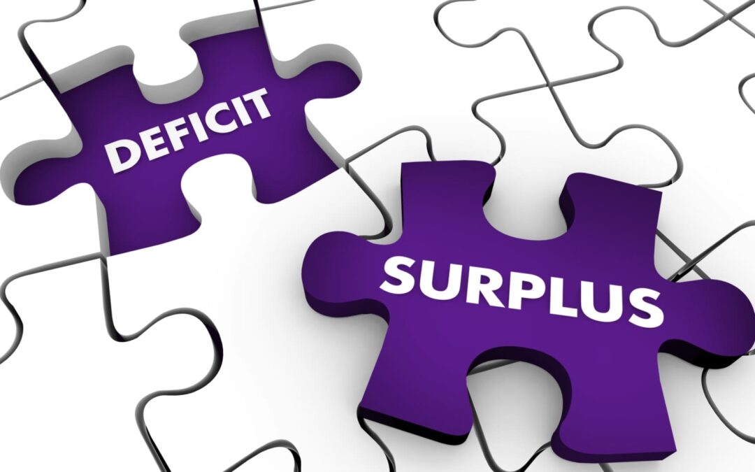 The words "Surplus and deficit" in a puzzle indicating the slight differences between them