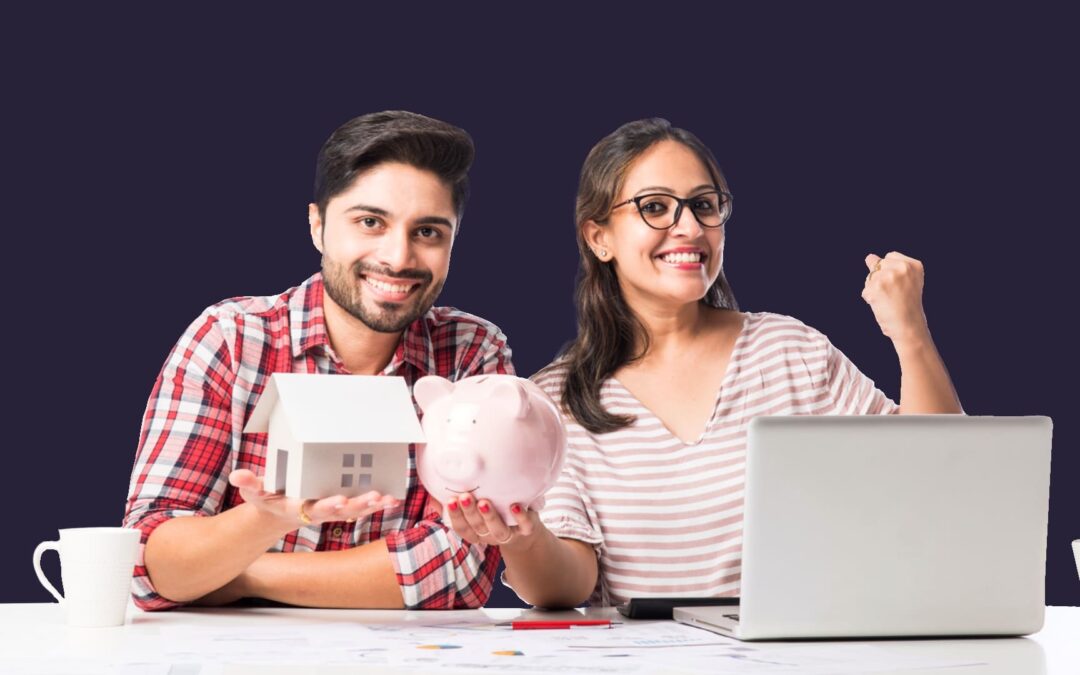 A couple holding a piggy bank and laptop creating a financial plan and showing the importance of a financial plan